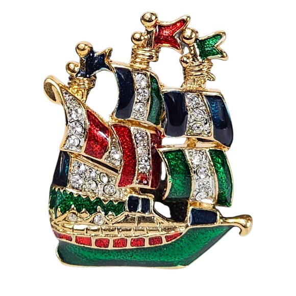 Vintage Sailing Ship Brooch Enamel & Rhinestone Multicolor Gold Tone Jewelry - Picture 3 of 3